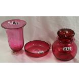 CRANBERRY VASE, DISH & COTTON WOOL JAR