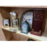 SHELF OF VARIOUS CLOCKS INCL; TEMPERATURE GAUGE & MODERN ROUND BAROMETER