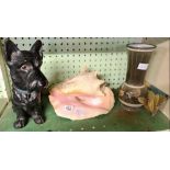 SHELF OF MISC ITEMS INCL; FIGURE OF A TERRIER, CONCH SHELL & DENBY WARE VASE