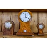 2 WOODEN PERIOD MANTLE CLOCKS (MOVEMENT REPLACED BY ELECTRIC) WITH INLAID DESIGN A/F