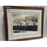 COLOURED HORSE RACING LIMITED EDITION PRINT KINGS OF KEMPTON BY CAROLINE COOK SIGNED BY THE ARTIST