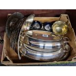 CARTON OF VARIOUS METALWARE INCL; SERVING DISHES ETC