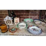 SHELF OF VARIOUS PLATES & DISHES INCL; A MODERN DOVE CLOCK & A SMALL DUNVILLES WHISKY CONTAINER