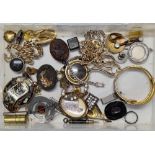 PLASTIC CONTAINER WITH QTY OF COSTUME JEWELLERY, BROOCHES, EARRINGS & TIE PINS
