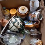 CARTON OF MISC ITEMS & STAINLESS STEEL ITEMS INCL; A QUEEN ANN GAS LIGHTER, VASES & POT STAND