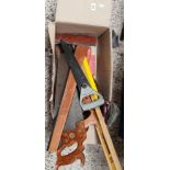 CARTON WITH RIP & PANEL SAWS, ARCHITECTS 'T' SQUARES, SPIRIT LEVEL & HAND SAWS