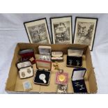 CARTON OF MISC CUFF LINKS, COINS & 3 SMALL ETCHINGS - STREETS IN EXETER