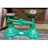 SET OF GREEN PAINTED MECHANICAL SCALES WITH BRASS WEIGHTS