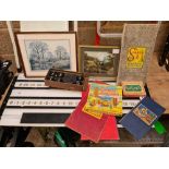 2 F/G PICTURES, BOARD GAMES, SET OF BANDA CARPET BOWL & MODERN RILEY BURWAT SNOOKER/BILLIARD SCORE