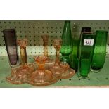 SHELF WITH QTY OF GLASSWARE, CANDLESTICKS, TRAY, VASES ETC