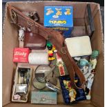 CARTON WITH CERAMIC FIGURINES, A SAM BROWN BELT, CHINESE STRESS BALL, DATE STAMPER & OTHER BRIC-A-