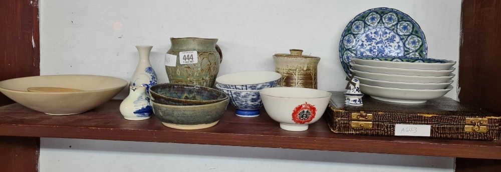 SHELF WITH MIXED CERAMICS, BLUE & WHITE WARE, DISHES, PLATES ETC