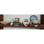 SHELF WITH MIXED CERAMICS, BLUE & WHITE WARE, DISHES, PLATES ETC