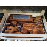 CARTON OF VINTAGE BLOCKS & MORTICE PLANES & AN OIL STONE