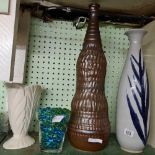 SHELF WITH 3 VASES - 1 MARKED BESWICK & JAR WITH GLASS MARBLES