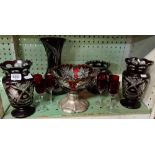 SHELF OF RED GLASSWARE INCL; VASES, FRUIT BOWL ON PLATED BASE & 6 WINE GLASSES