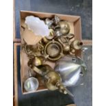 CARTON OF MISC BRASS WARE INCL; A STAINLESS STEEL BOWLING BALL ICE BUCKET