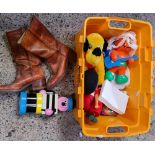 CARTON OF MISC CHILDREN'S TOYS & A PAIR OF FEMALE COWBOY BOOTS