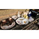 SHELF OF MISC CHINAWARE INCL; ROYAL WORCESTER NIBBLES DISH, 5 RICE BOWLS IN BOX & A CARNIVAL GLASS