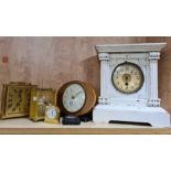 2 MODERN CARRIAGE CLOCK, WHITE PAINTED MANTEL CLOCK, WOOD FRAMED METAMEC & 2 OTHERS