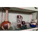 SHELF OF GLASS & POTTERY WARE INCL; BISCUIT BARREL, FRUIT BOWL, VASE ETC