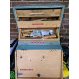 WOODEN CARPENTERS BOX WITH VARIOUS TOOLS & CONTENTS