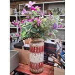 RED & LIGHT BROWN DECORATED LARGE VASE WITH PLASTIC FLOWERS