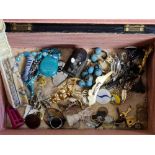 WOODEN INLAID CHEST WITH MISC COSTUME JEWELLERY, COINS, BROOCHES ETC