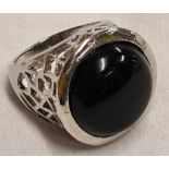 LARGE WHITE METAL RING WITH BLACK STONE