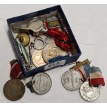 SMALL TUB OF EFFICIENCY MEDALS, 1977 JUBILEE COINS, A WHITSLE & SMALL KEY CHAIN POCKET KNIFE