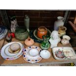 SHELF WITH GREEN GALWAY GLASS VASE, BUST OF LISZT, STUDIO POTTERY, JARDINIERE'S & JUGS