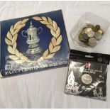 TUB OF MISC UK COINAGE, A FOLDER OF THE FA CUP CENTENARY 1872 - 1972 MEDALS & AN OFFICIAL OLYMPIC £5