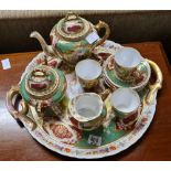 DECORATIVE TEA SERVICES, GILT & GREEN GROUND, 3 CUPS & SAUCERS, TEA & COFFEE POT, MILK JUG & TRAY (