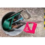 GALVANISED BUCKET WITH HACK SAWS, GARDEN SHEARS, SMALL PLASTIC WATER CAN