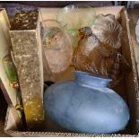 CARTON WITH VASES, CRACKLE FINISHED WATER JUG, 6 GLASSES, CHICKEN GLASS EGG CROCK & A BLUE/GREY