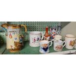 SHELF OF VARIOUS POTTERY MUGS, JUGS ETC A/F