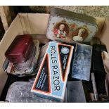 CARTON OF VARIOUS ROLLS RAZORS & OTHERS IN WHITE METAL BOXES & GEORGE V SOUVENIR TIN