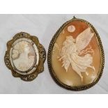 LARGE BRASS MOUNTED CAMEO BROOCH & BRASS & WHITE METAL CAMEO PENDANT