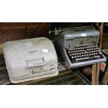 VINTAGE ADLER PORTABLE TYPE WRITER IN METAL CASE & VINTAGE UPRIGHT IMPERIAL DESK TOP TYPE WRITER