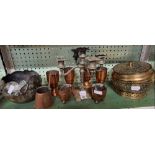 SHELF OF METAL WARE INCL; COPPER GOBLET'S, BRASS LIDDED PIERCED DISH ETC