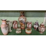 SHELF OF ORIENTAL STYLE POTTERY, VASES, TRINKET BOXES ETC