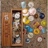 WOODEN WINE BOX WITH QTY OF METAL PIN BACK BADGES