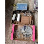 2 CARTONS OF GLASSWARE, KITCHEN ITEMS & PLASTIC TOOL BOX