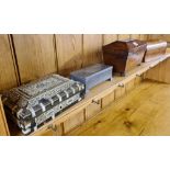 SHELF OF VARIOUS BOXES INCL; SARCOPHAGUS SHAPED TEA CADDY