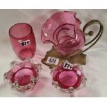 4 PIECES OF CRANBERRY GLASS