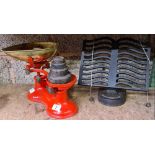 SET OF MECHANICAL KITCHEN SCALES WITH WEIGHTS & A CAST IRON COOK RECIPE BOOK STAND