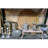 SHELF OF BRASS, PEWTER, CANDLESTICKS, JUGS