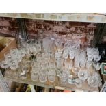 SHELF WITH LARGE QTY OF GLASSWARE & DECANTERS