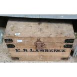 SMALL WOODEN METAL BOUND CARPENTERS CHEST WITH CARRY HANDLES WITH NAME OF E.R LAWRENCE