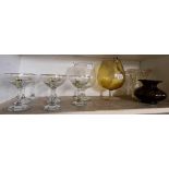 SHELF OF GLASSWARE INCL; 7 BABYCHAM GLASSES, VASE ETC